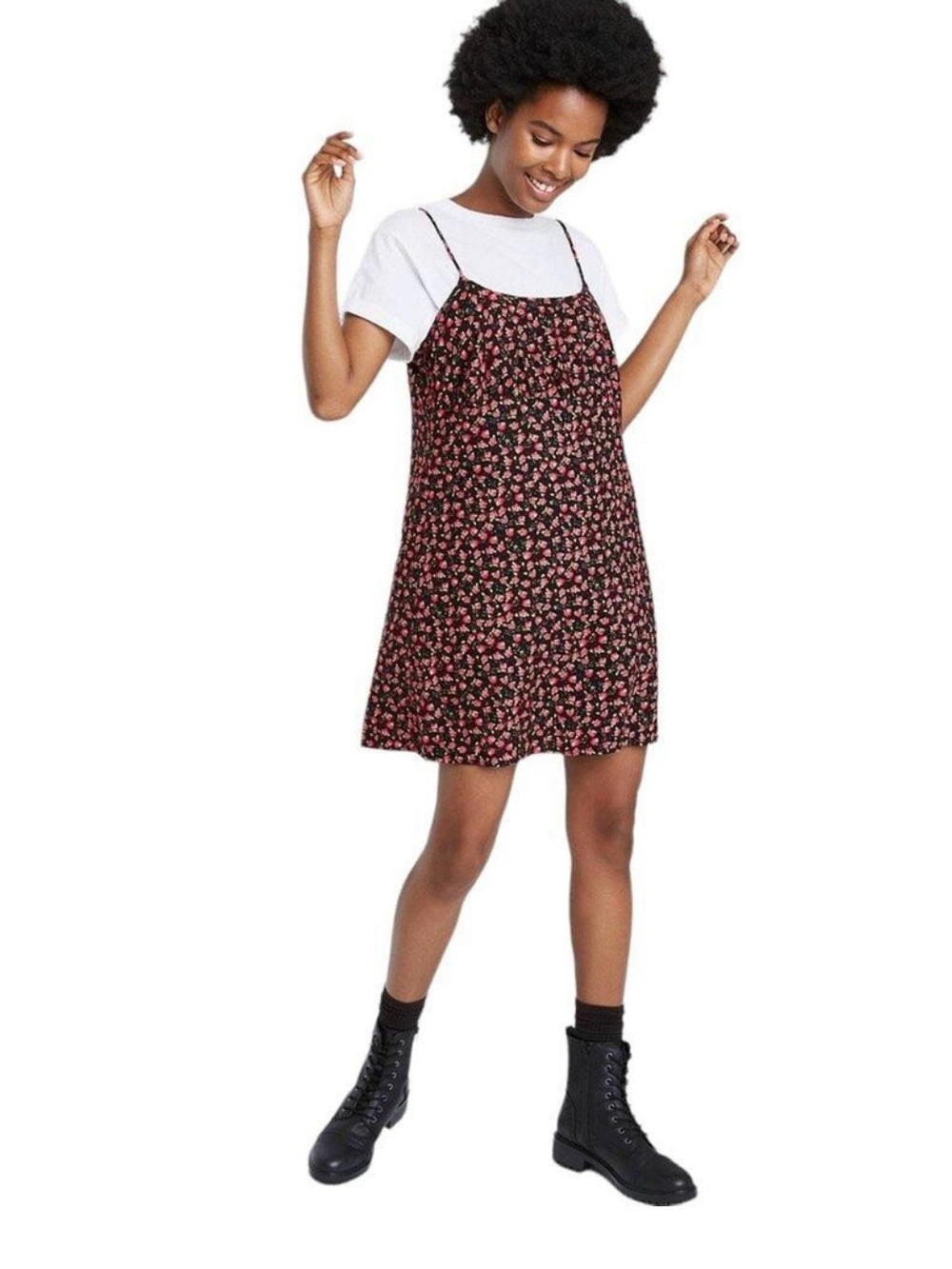 Wild Fable Black Mini Slip Dress with Pink Floral Print